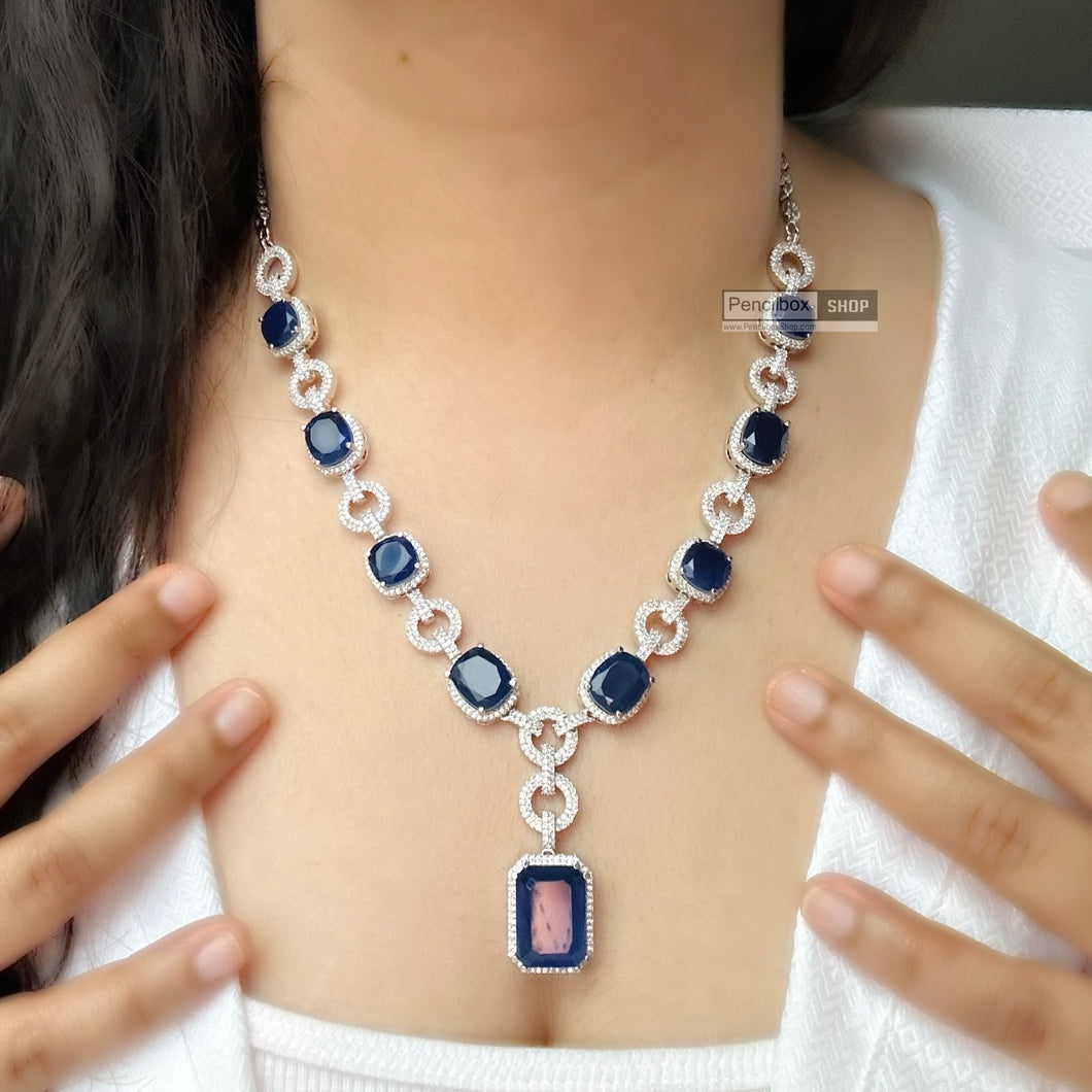 Tara-American Diamond Royal Blue Silver Finish Long Designer Necklace set