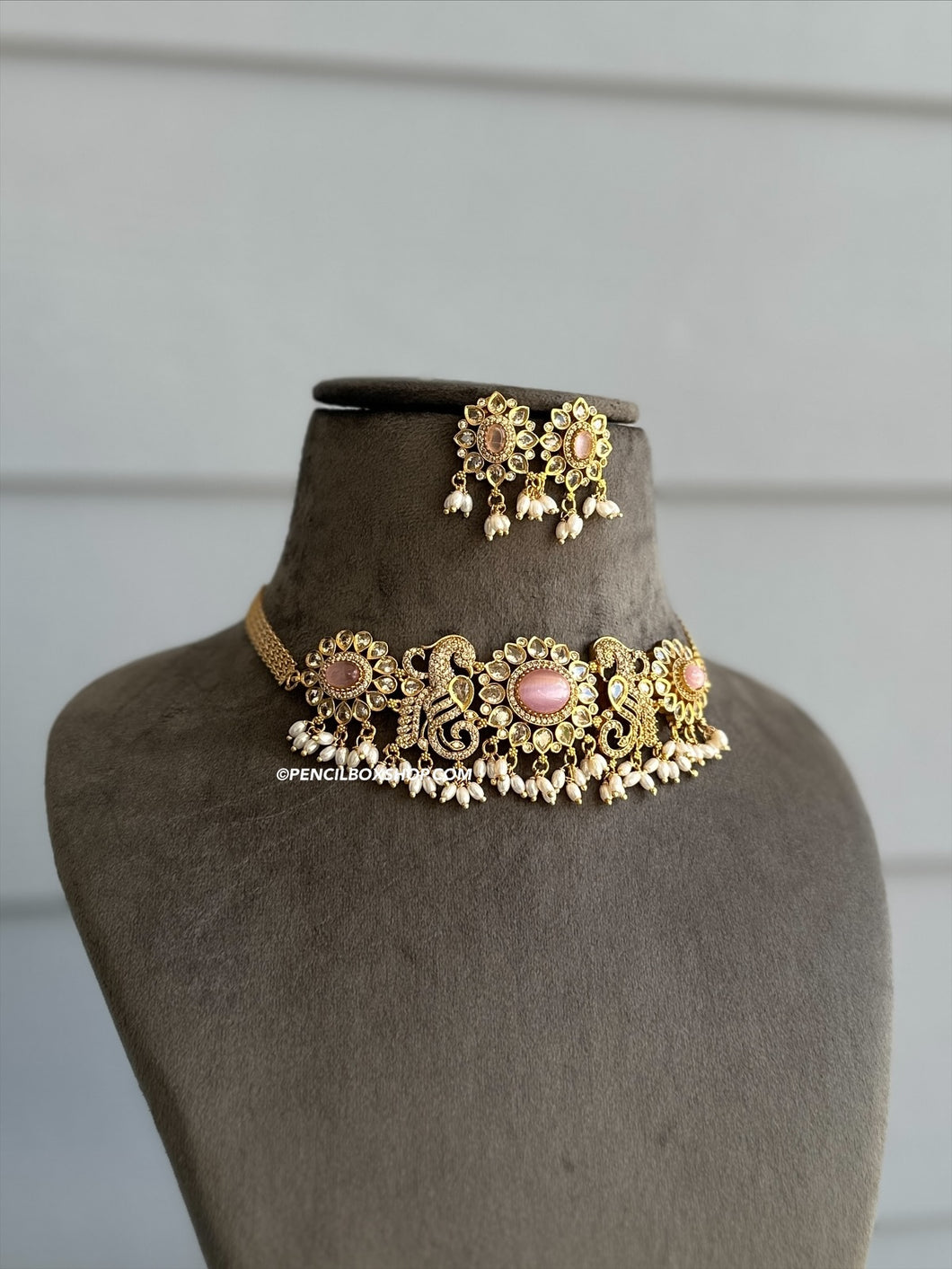 Geeta Peacock Cz Pink Golden Statement Choker necklace set