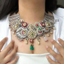 Load image into Gallery viewer, 92.5 German silver Fusion pachi Kundan Statement Necklace set
