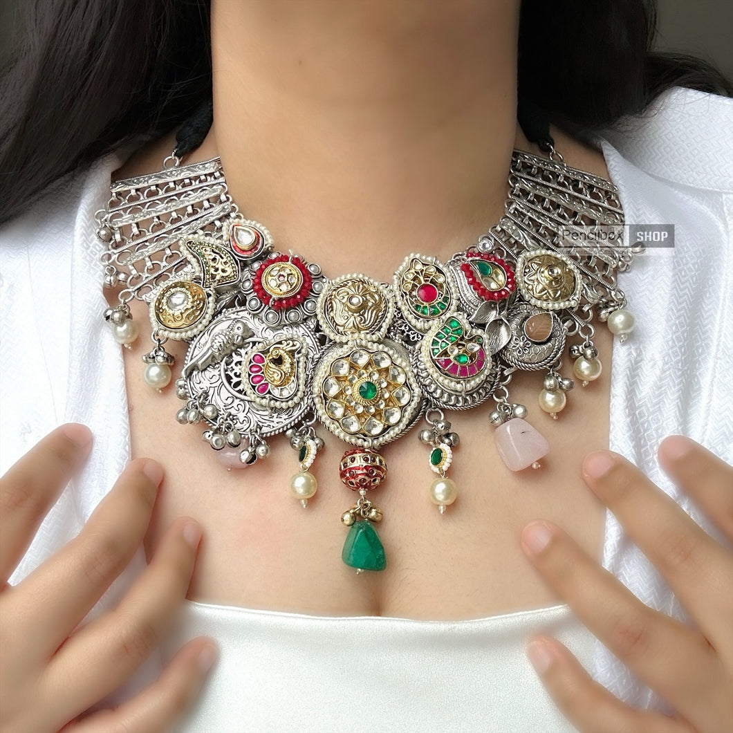 92.5 German silver Fusion pachi Kundan Statement Necklace set