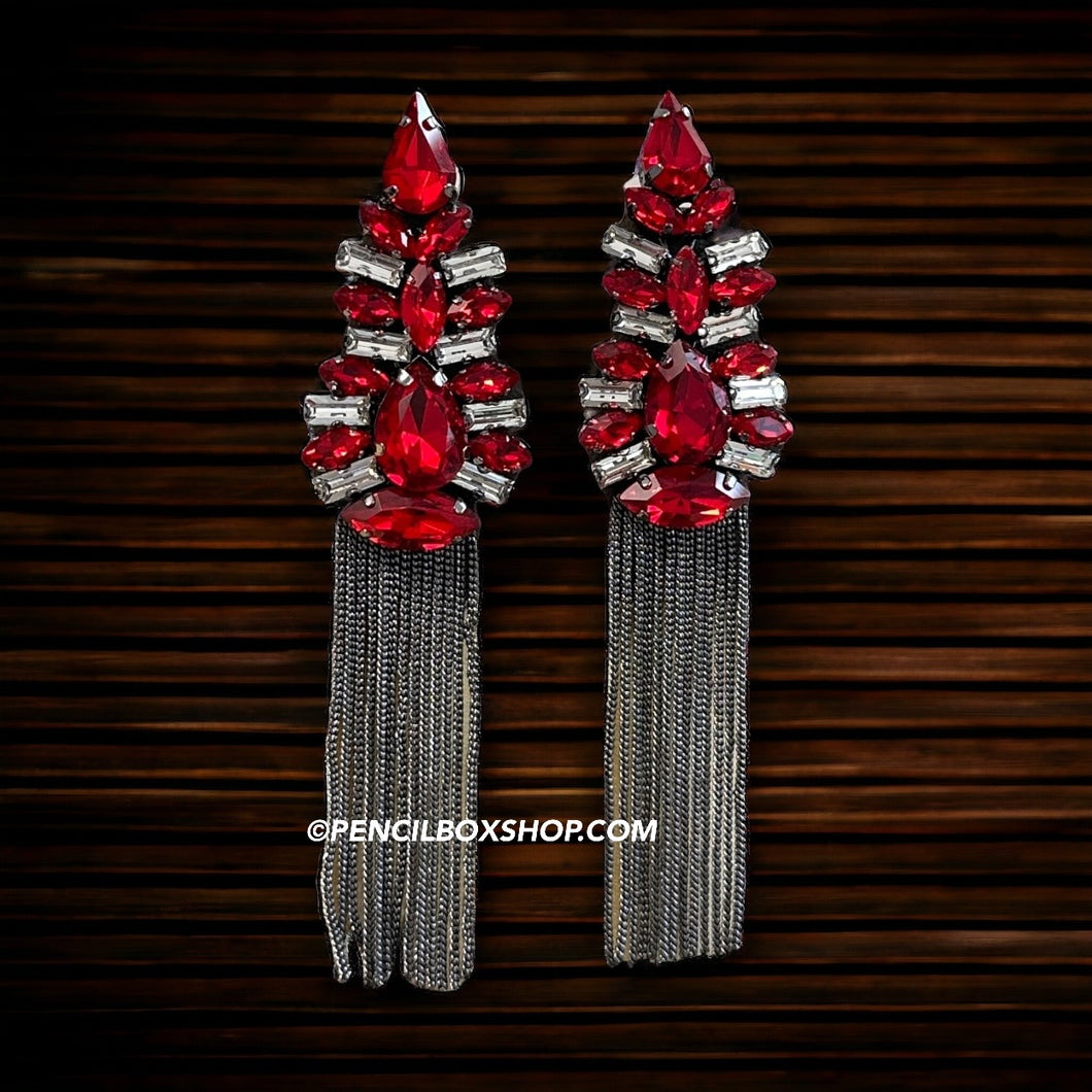 Prism American Diamond Victorian Tassel Red Silver Earrings