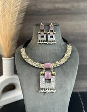 Load image into Gallery viewer, Pink Nandi Fusion German Silver Dual tone Necklace set
