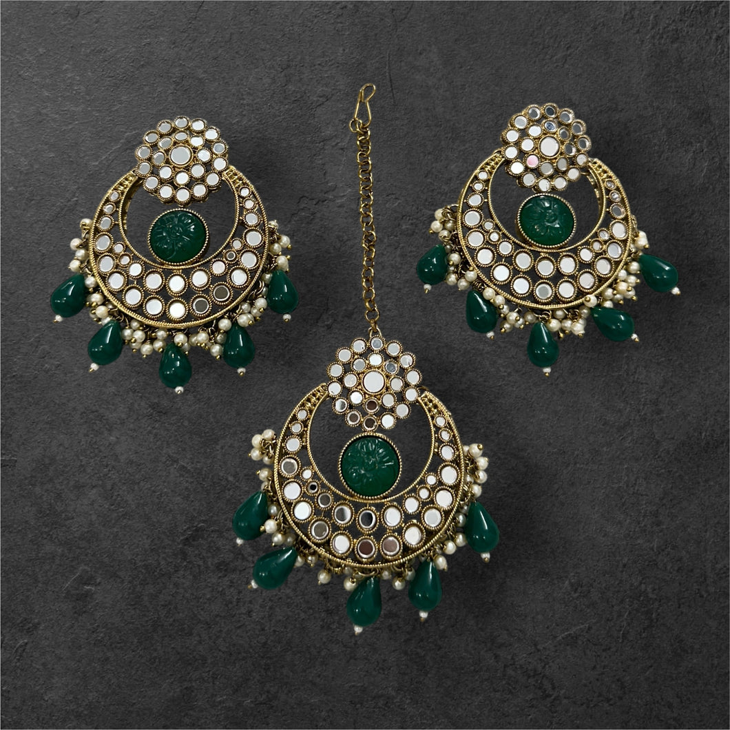 Colors-Golden Mirror Big Pearl Chandbali Earrings with Maangtikka