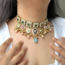 Load image into Gallery viewer, Kundan Green Natural Stone Afghani German Silver Choker ghungroo necklace
