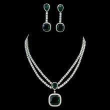 Load image into Gallery viewer, Green double line Designer Solitaire American Diamond Necklace set
