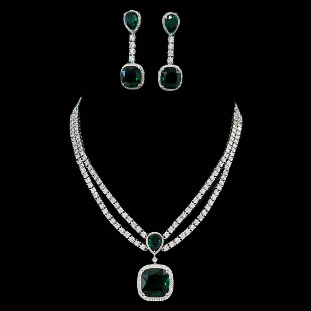 Green double line Designer Solitaire American Diamond Necklace set