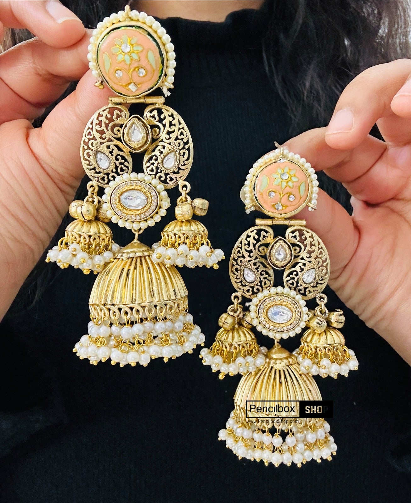 Magenta Kundan Polki Jhumkas Earrings – Shasmis