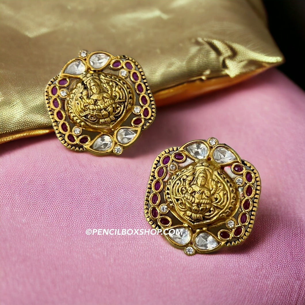 Ruby Green Gold Lakshmi ji Stud earrings temple jewelry