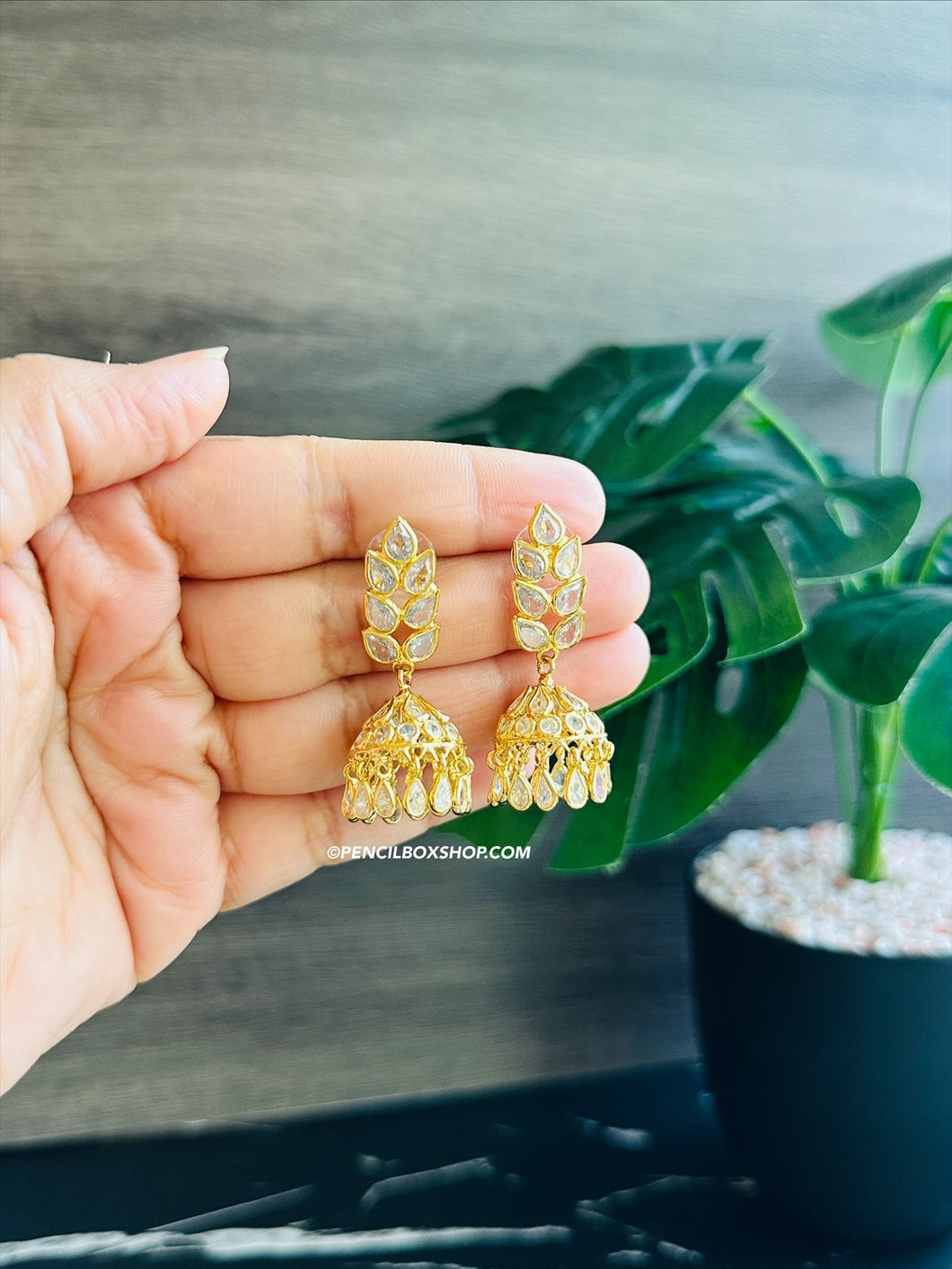 14k Gold plated Small White Pearl Temple Jhumka earrings