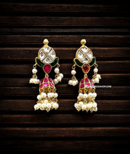 Load image into Gallery viewer, Pachi Kundan Ruby Green Pearl Jhumki earrings
