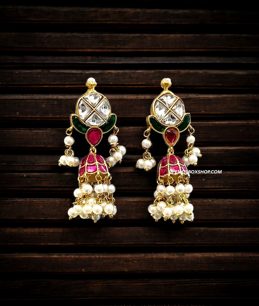 Pachi Kundan Ruby Green Pearl Jhumki earrings