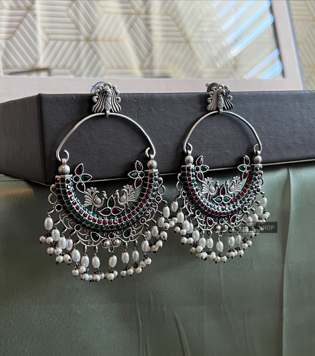 Peacock Big Statement Pearl German silver earrings