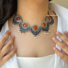 Load image into Gallery viewer, German Silver orange Blue Statement Necklace set
