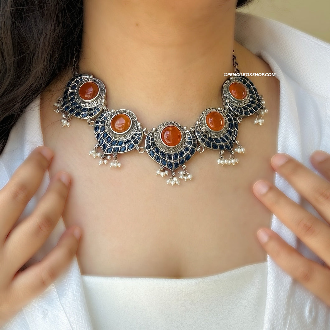 German Silver orange Blue Statement Necklace set