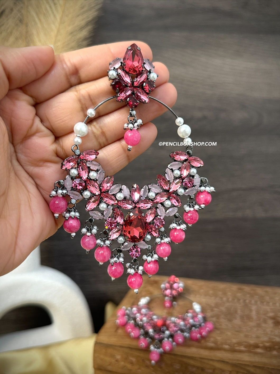 Prism American Diamond rhinestone Big Shades of Pink Chandbali Earrings