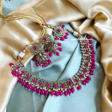 Load image into Gallery viewer, Anvi Hot Pink Golden Polki Necklace Set with Maangtikka
