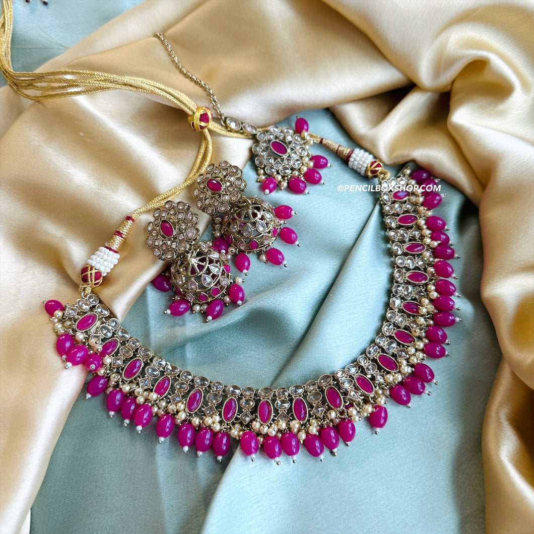 Anvi Hot Pink Golden Polki Necklace Set with Maangtikka