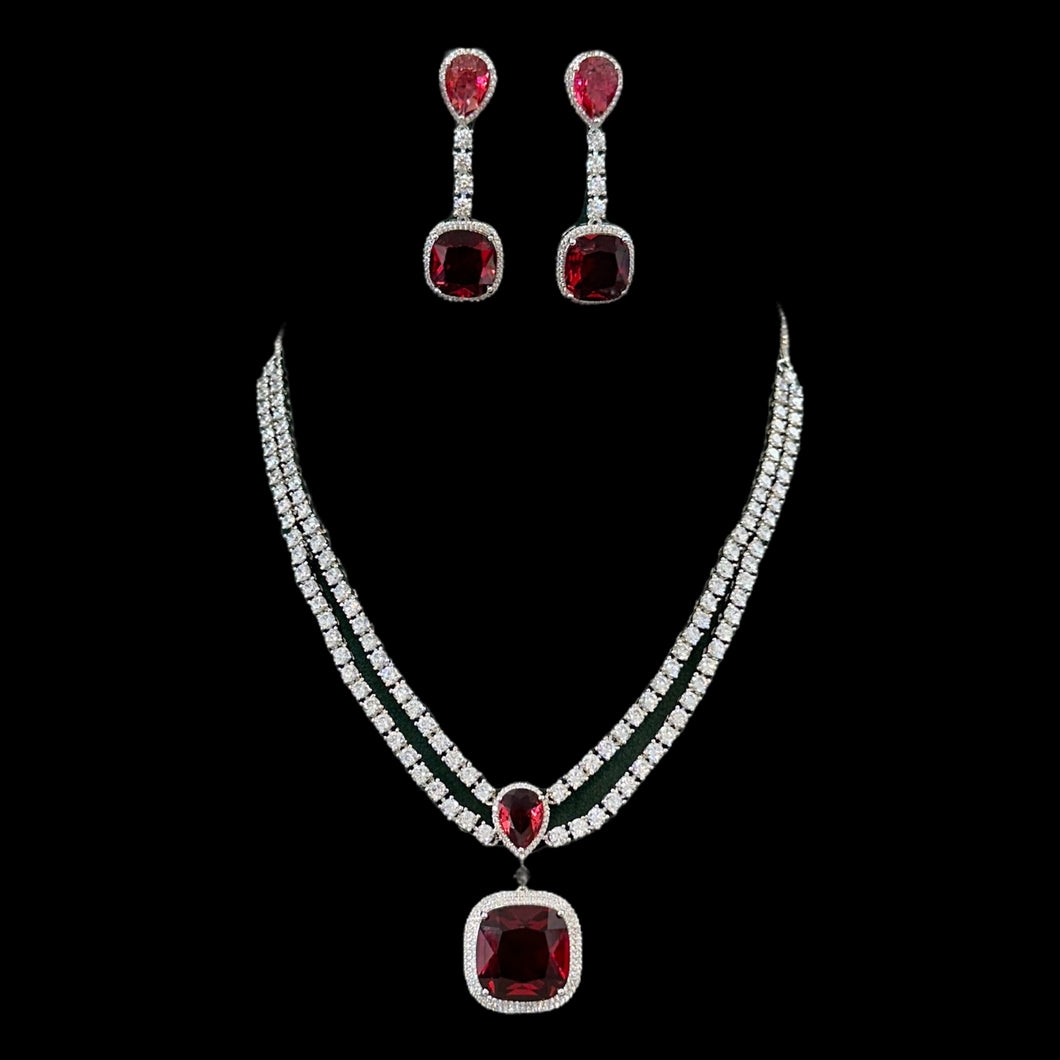 Ruby double line Designer Solitaire American Diamond Necklace set