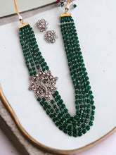 Load image into Gallery viewer, American Diamond peacock Green mala long Victorian Kundan Necklace set
