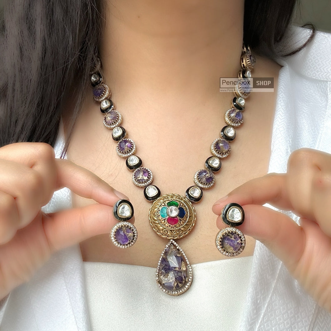 Purple Multicolor Moissanite Premium Pachi  antique Necklace set