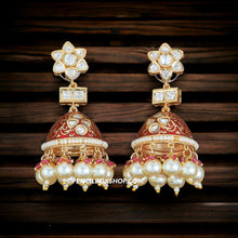 Load image into Gallery viewer, 22k gold plated enamel Pearl drop Tayani jhumka Earrings
