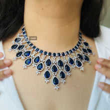 Load image into Gallery viewer, Royal Blue Statement Designer American Diamond Hanging Necklace set
