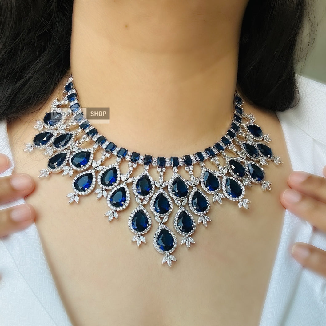 Royal Blue Statement Designer American Diamond Hanging Necklace set