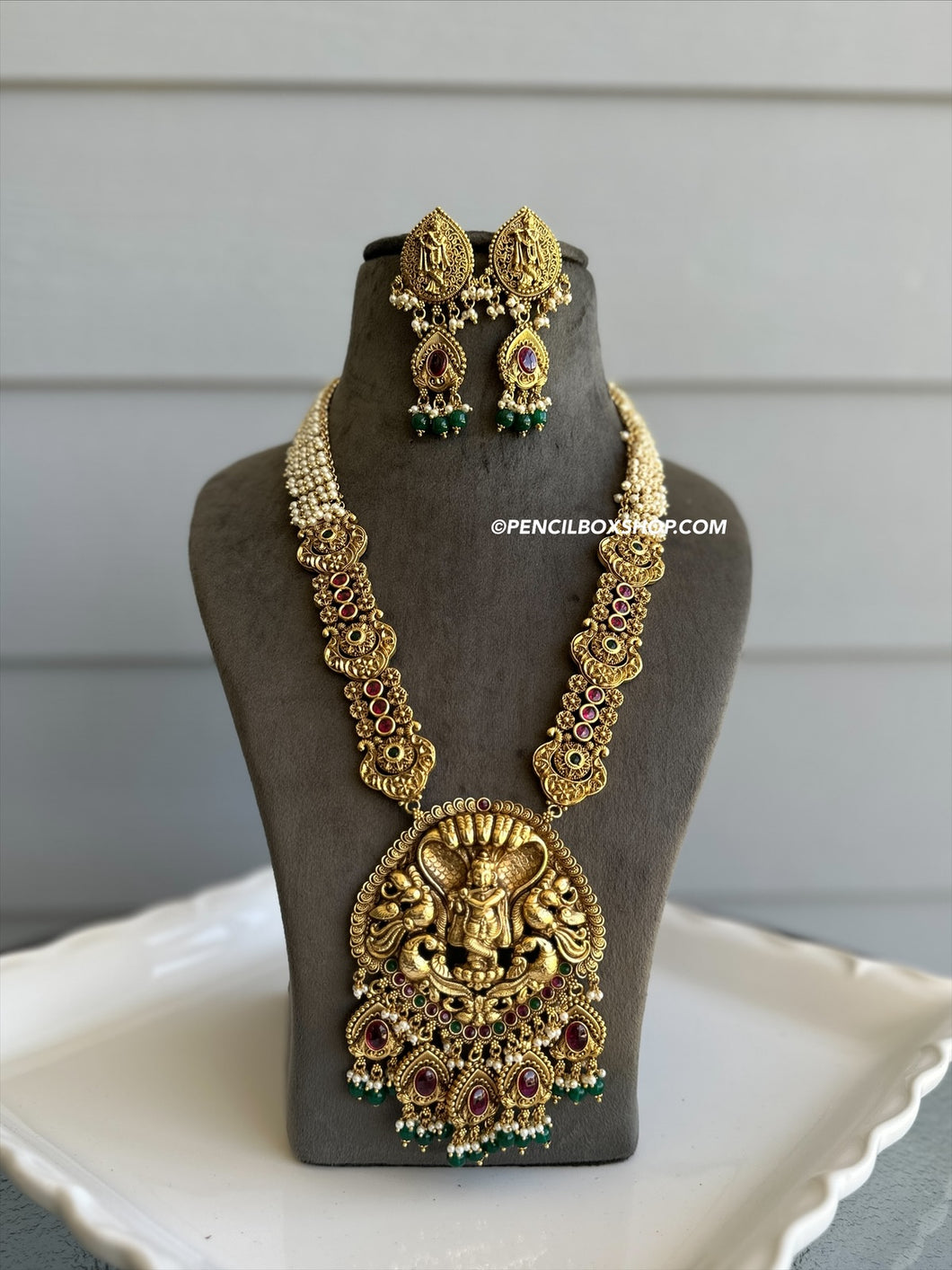 Ruby Green Pearl Drops Krishna Golden Bridal Heavy necklace set