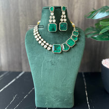 Load image into Gallery viewer, Tayani Gold plated Emerald Green Doublet Half n half Premium Statement Necklace set
