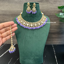 Load image into Gallery viewer, Purple 22k Gold plated Tayani Premium Statement Necklace set with maangtikka
