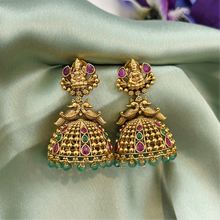 Load image into Gallery viewer, Lakshmi ji Peacock multicolor Kemp Stone Indian ethnic Jhumka earrings
