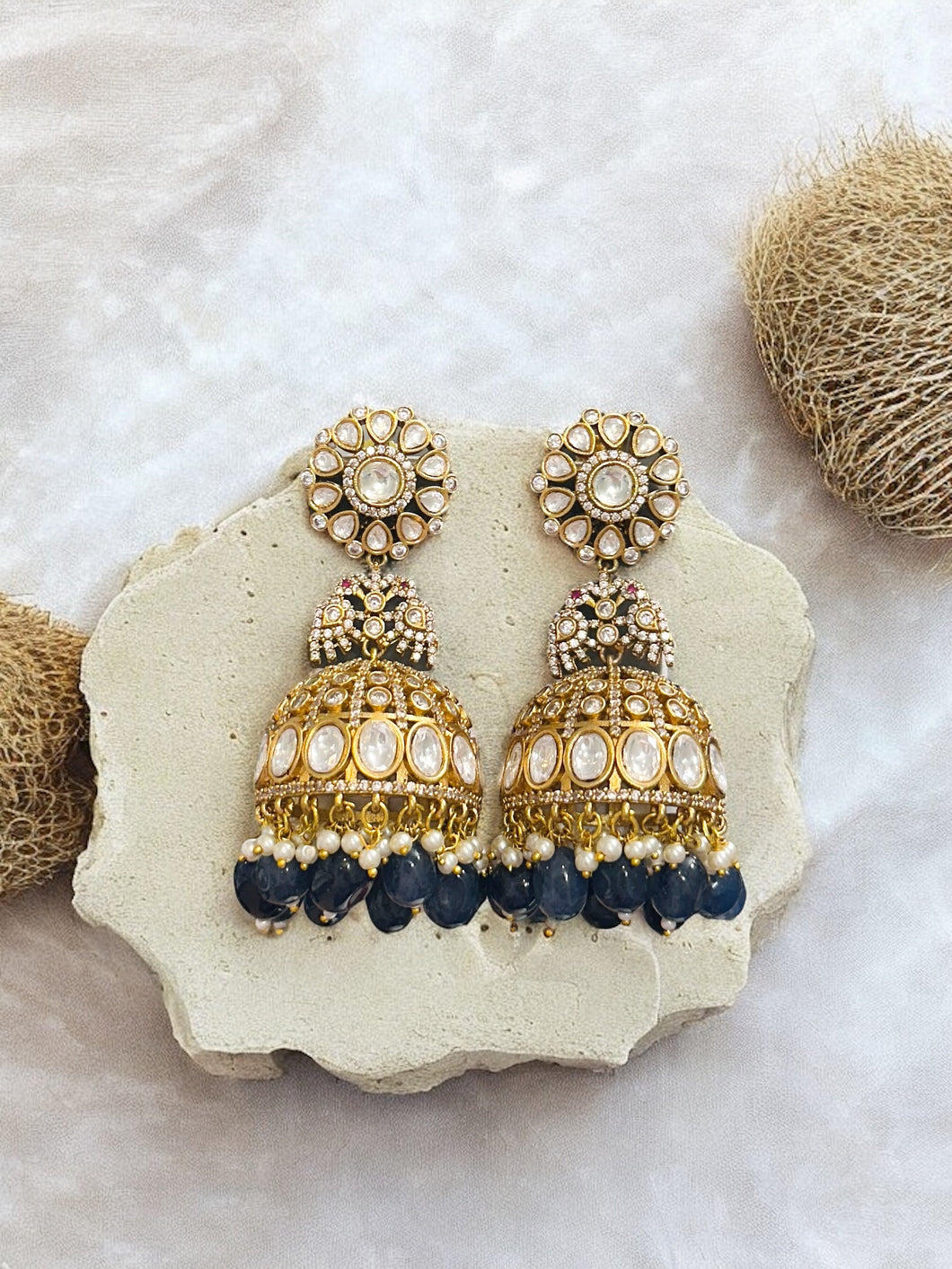 Moissanite Cz Blue Kundan Jhumka Earrings