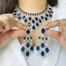 Load image into Gallery viewer, Royal Blue Statement Designer American Diamond Hanging Necklace set
