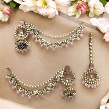 Load image into Gallery viewer, Pink Golden Mirror Big Pearl jhumka Earrings with Maangtikka
