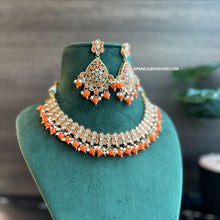 Load image into Gallery viewer, Orange Golden Polki Necklace Set with maangtikkai
