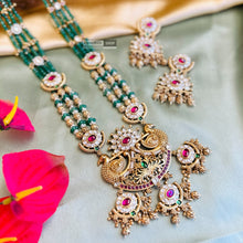 Load image into Gallery viewer, Kundan Green Beaded Long Kemp Stone Haram necklace set
