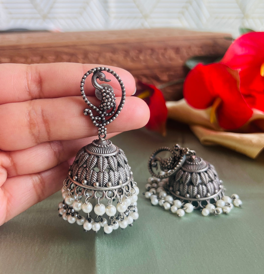Peacock German Silver Beads Jhumka earrings