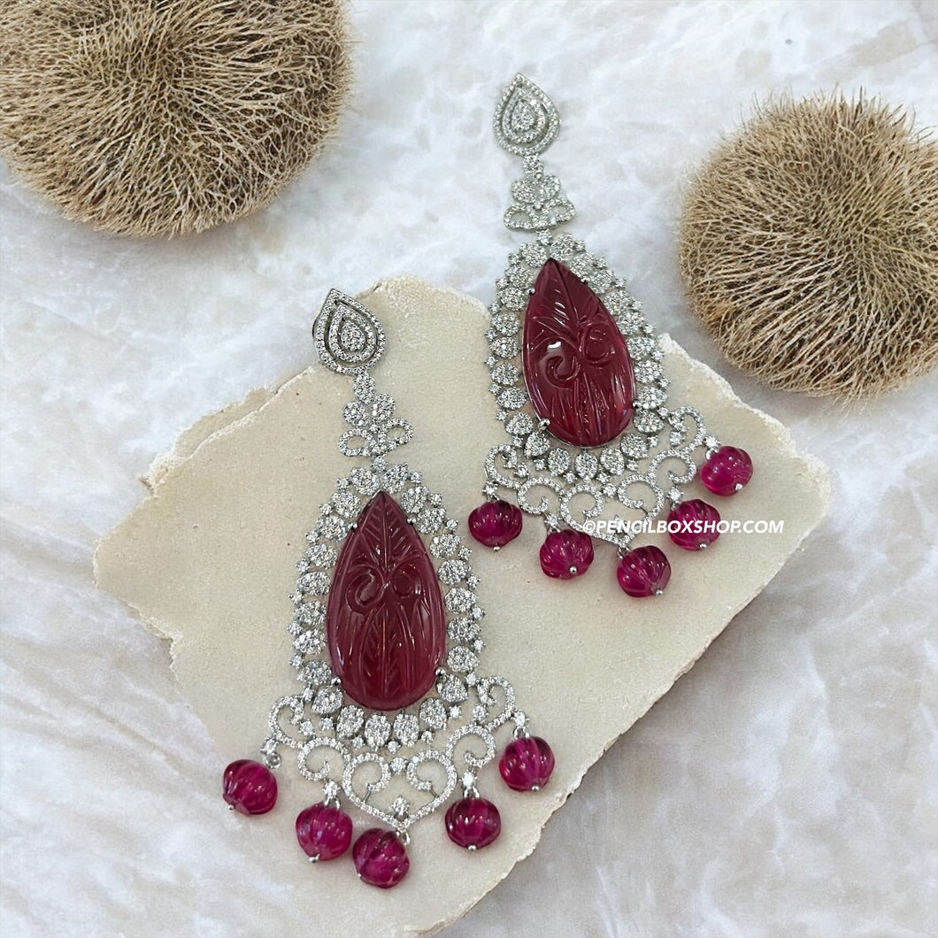 Ruby Carved Stone American Diamond Silver Statement Designer Earrings