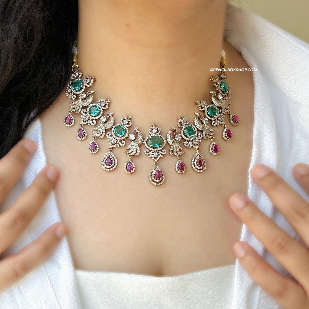 Peacock cz Green Pink Golden Temple Necklace set