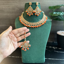 Load image into Gallery viewer, Orange Golden Polki Necklace Set with maangtikkai
