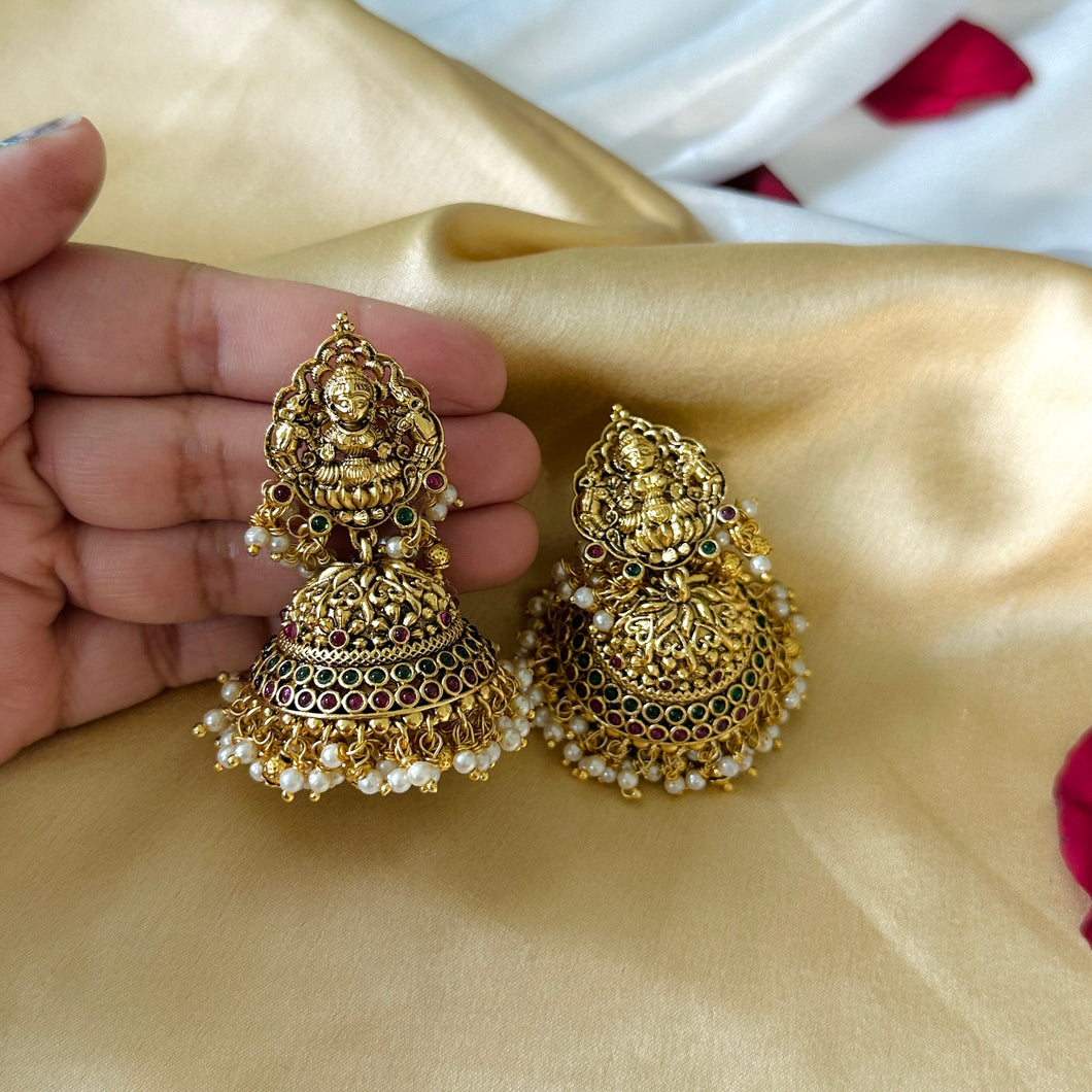 Lakshmi  ji Kemp stone Jhumka earrings temple jewelry