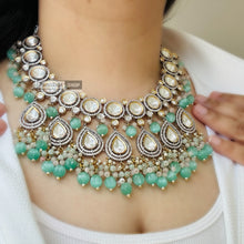 Load image into Gallery viewer, Noor - Uncut Polki Dual Tone Silver Foiled Mint Pink Statement Designer Necklace set
