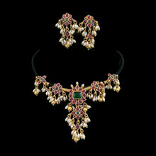 Load image into Gallery viewer, Black Thread Kemp Stone Rice Pearl Temple Ethnic Necklace set
