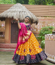 Load image into Gallery viewer, PRE ORDER yellow bandhani multicolor Embroidery Navratri lehenga choli
