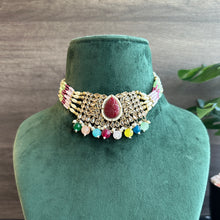 Load image into Gallery viewer, Multicolor Golden Polki Choker Necklace Set with maangtikka
