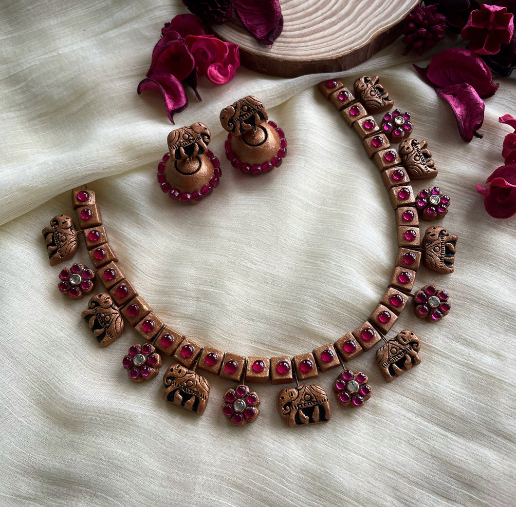 Terracotta Ruby Golden Elephant necklace set