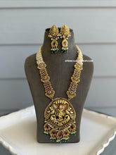 Load image into Gallery viewer, Ruby Green Pearl Drops Krishna Golden Bridal Heavy necklace set
