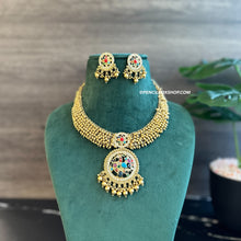 Load image into Gallery viewer, Multicolor Navratna Cz  Golden Peacock Necklace set
