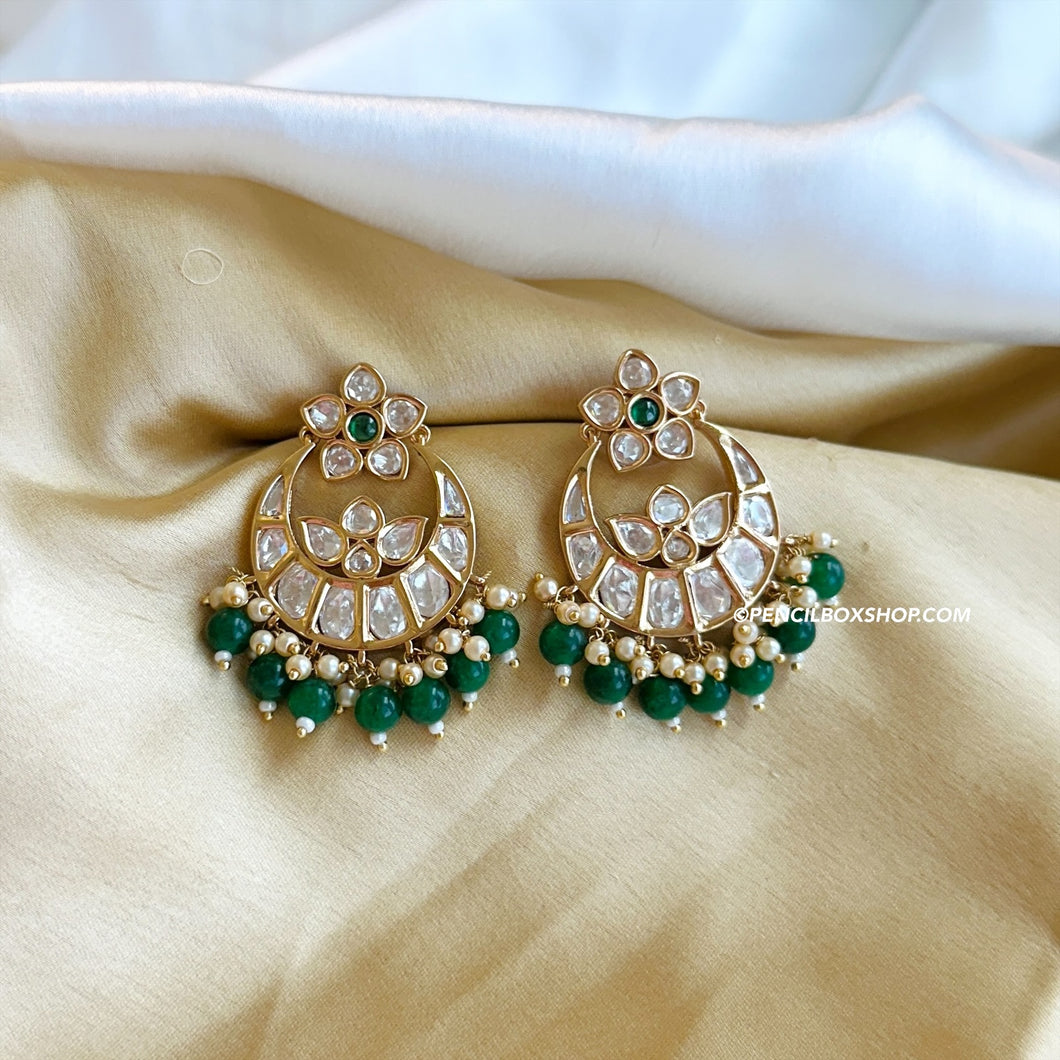 Green Tayani Premium gold plated Beads Chandbali Earrings