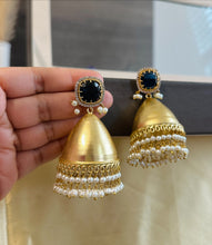 Load image into Gallery viewer, German silver Glass stone Big Golden Jhumka earrings
